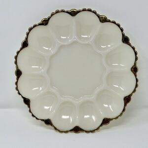 Anchor Hocking Fire King Deviled Egg Plate Milk Glass Dish w/Gold Trim Vintage